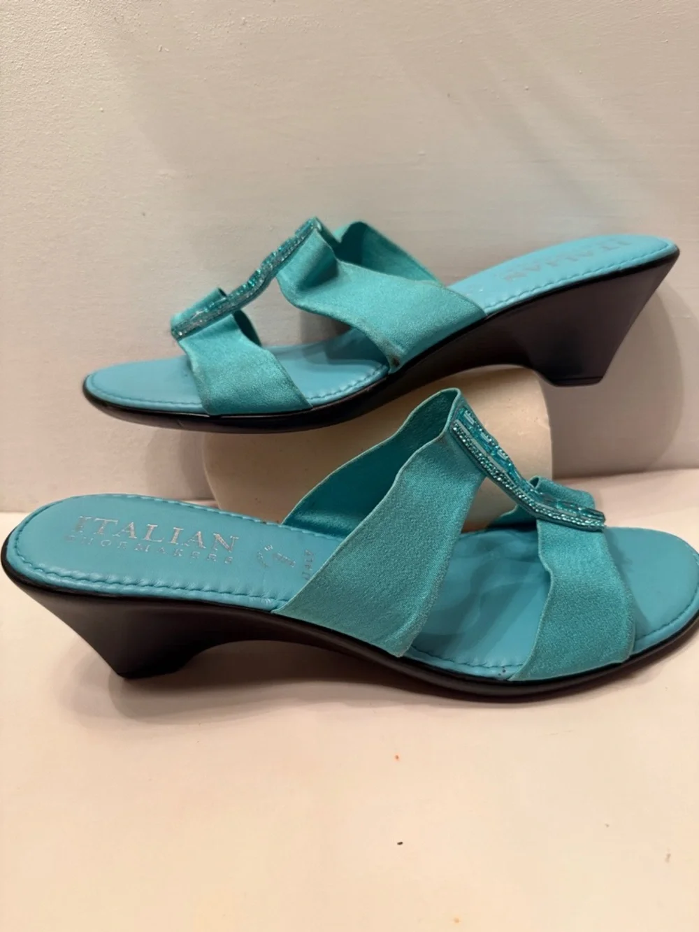 Italian Shoe Makers turquoise blue wedge heels with bling
